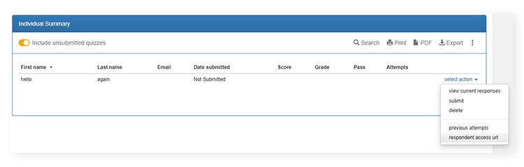 FlexiQuiz analyze results screen with drop-down menu for a user quiz link