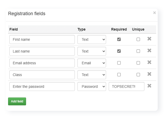 Place to customize a registration page at the start of the quiz