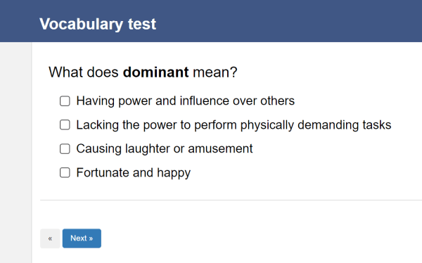 Vocabulary quiz using multiple choice