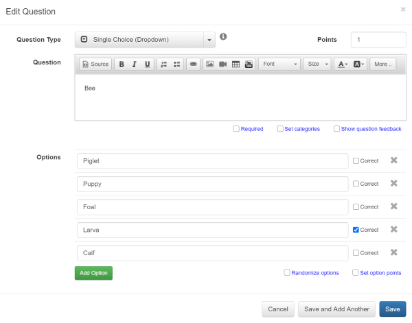 Adding options to a matching quiz