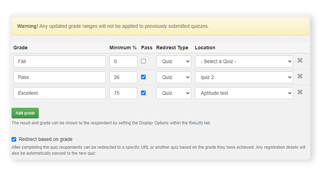 Boxes to customize quiz grades