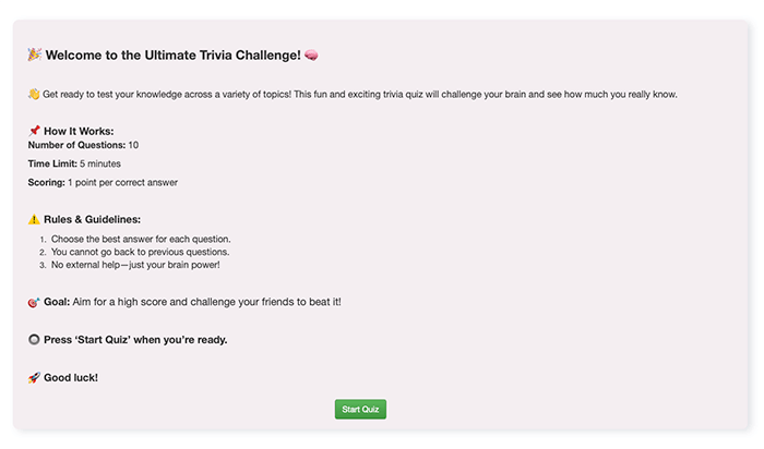 Custom welcome screen for a quiz