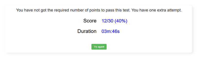 Quiz results page with custom text for learners who fail and button to retake quiz