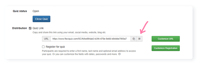 FlexiQuiz publish page with an arrow pointing to the qr code share option