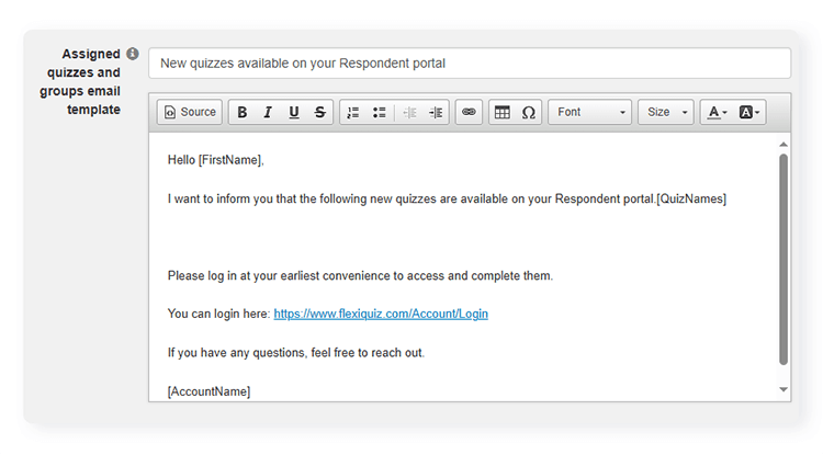 email template to inform learners when you assign a quiz to their portal