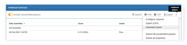 FlexiQuiz analyze dashboard with quiz results