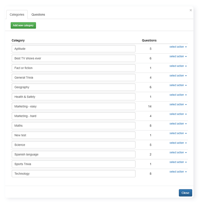 Question bank with questions stored by category