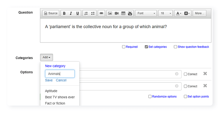 question editor with box to tag a category