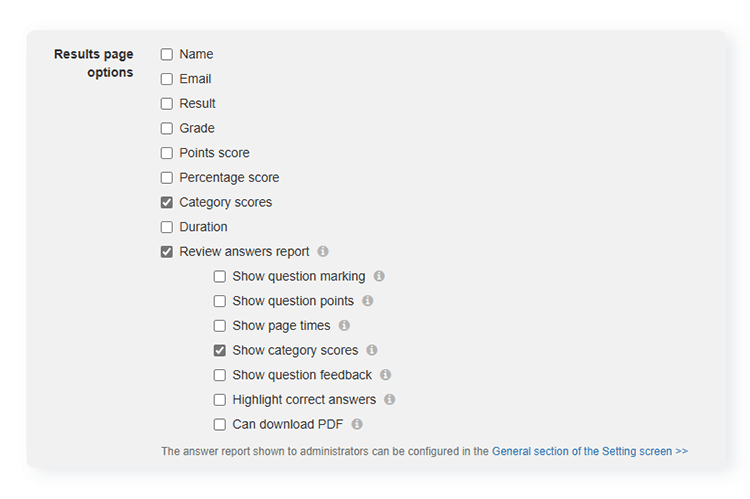 Screen to configure quiz results page