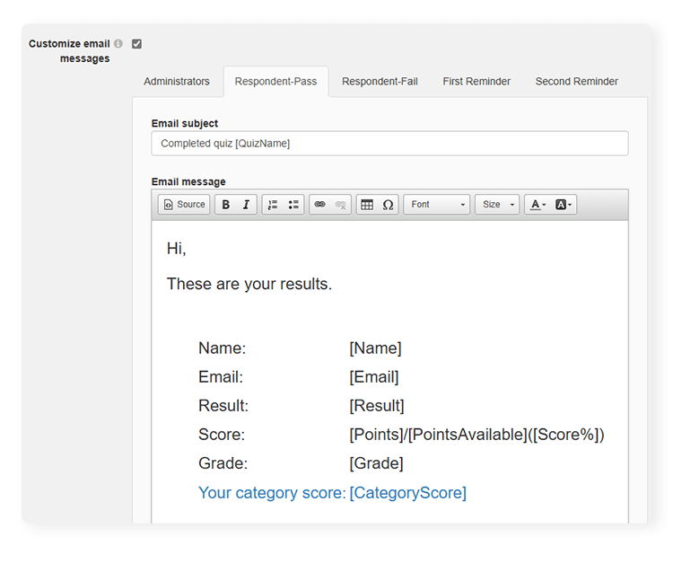 Box to customize email for quiz results