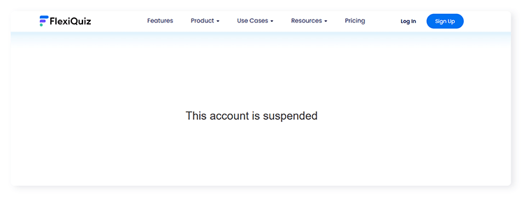 FlexiQuiz landing page message that the account is suspended