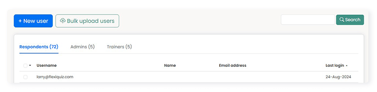 FlexiQuiz user dashboard listing quiz makers and respondents
