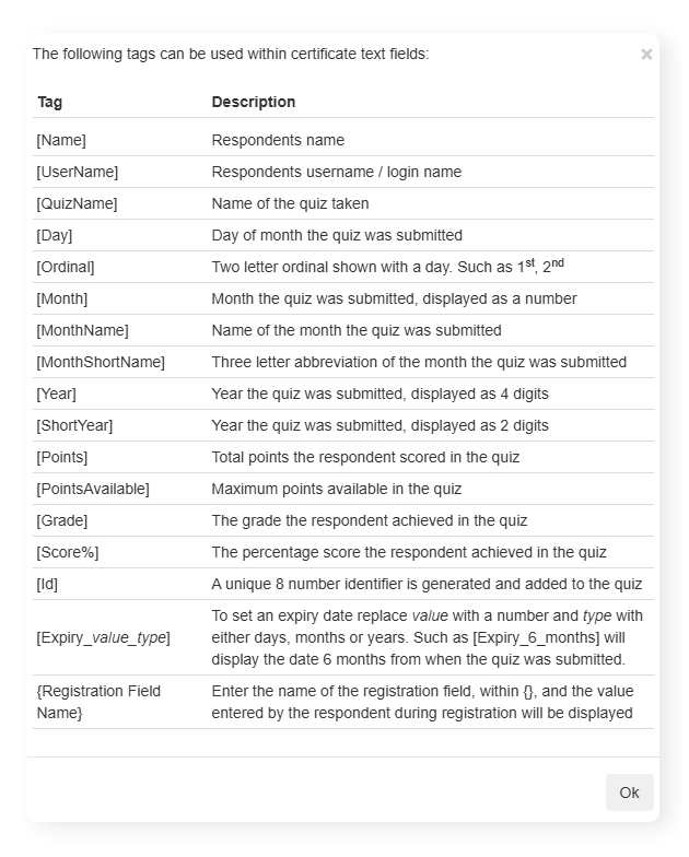 dynamic text options to add to a certificate you can award test takers