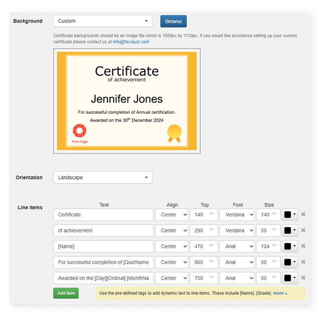 screen where you add a custom branded certificate and change text