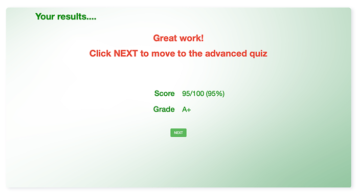 quiz results screen