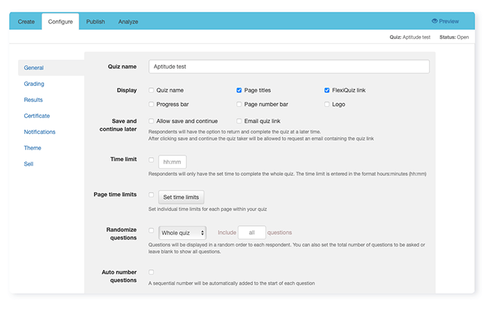 FlexiQuiz configuration page with options to configure quiz you make