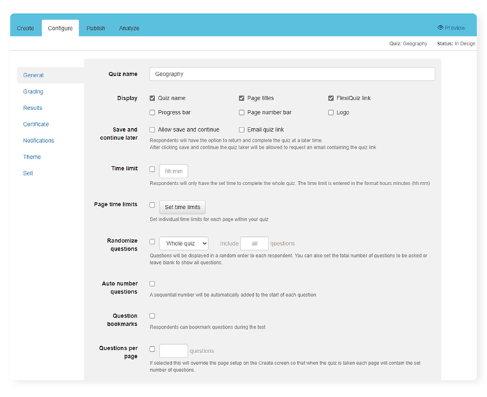 Making a quiz configuration options