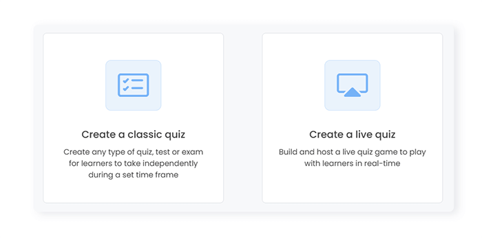 Two boxes with options to make a custom quiz or live quiz