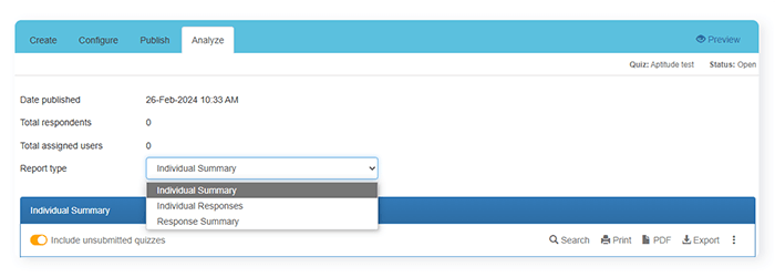 FlexiQuiz analyze a quiz screen with list of reports