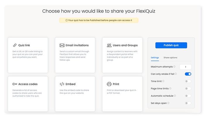 Publish screen with options to share the quiz you make with FlexiQuiz