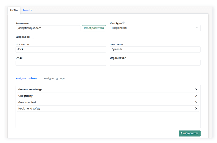 Respondent user profile with the place to assign a quiz or learning materials