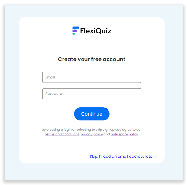 FlexiQuiz sign up page