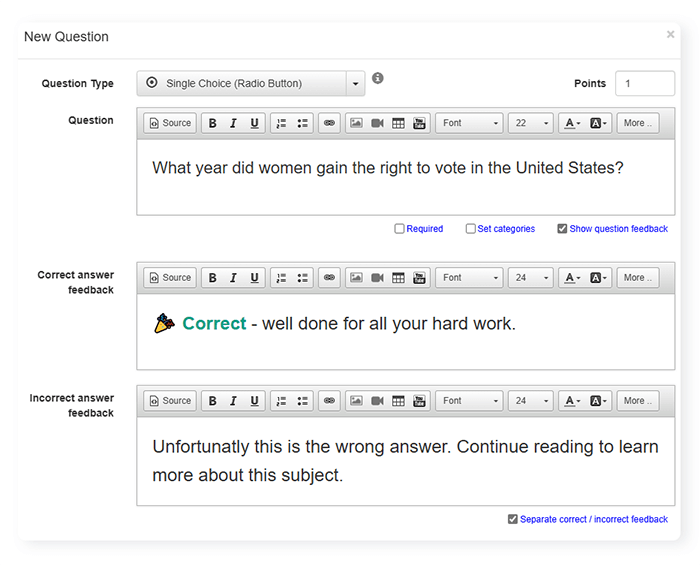 question editor screen with boxes to add feedback for learners