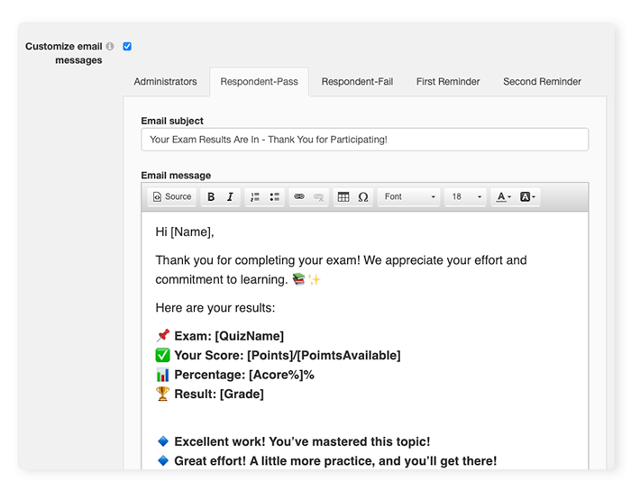 Custom quiz results email