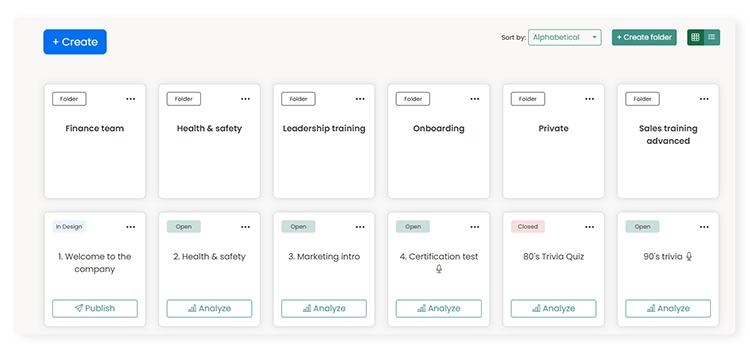 FlexiQuiz dashboard grid view with list of quizzes