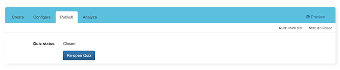 FlexiQuiz publish screen with button to reopen quiz