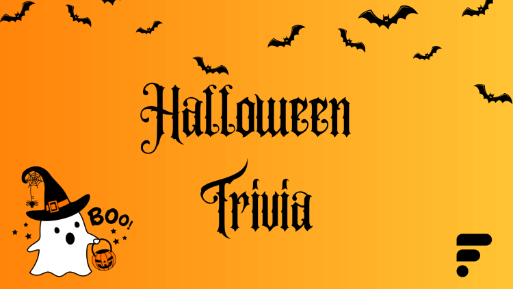 Halloween trivia text, bats and a ghost