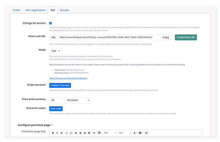 Configuration screen to set up a landing page for selling a course and quizzes