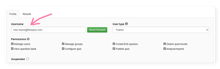 FlexiQuiz user profile page with arrow to username box