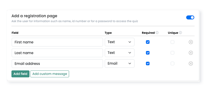 Quiz registration page customization options 