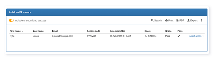 quiz results with access code column